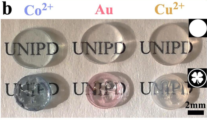Printed transparent silica glass discs, clear and colored with cobalt, gold and copper