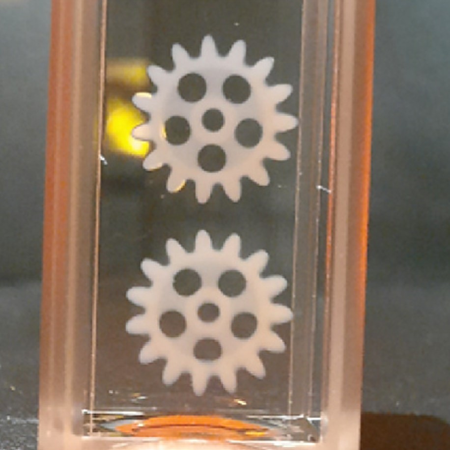 Two white gear wheels printed from a zirconia-filled resin, suspended inside a cuvette