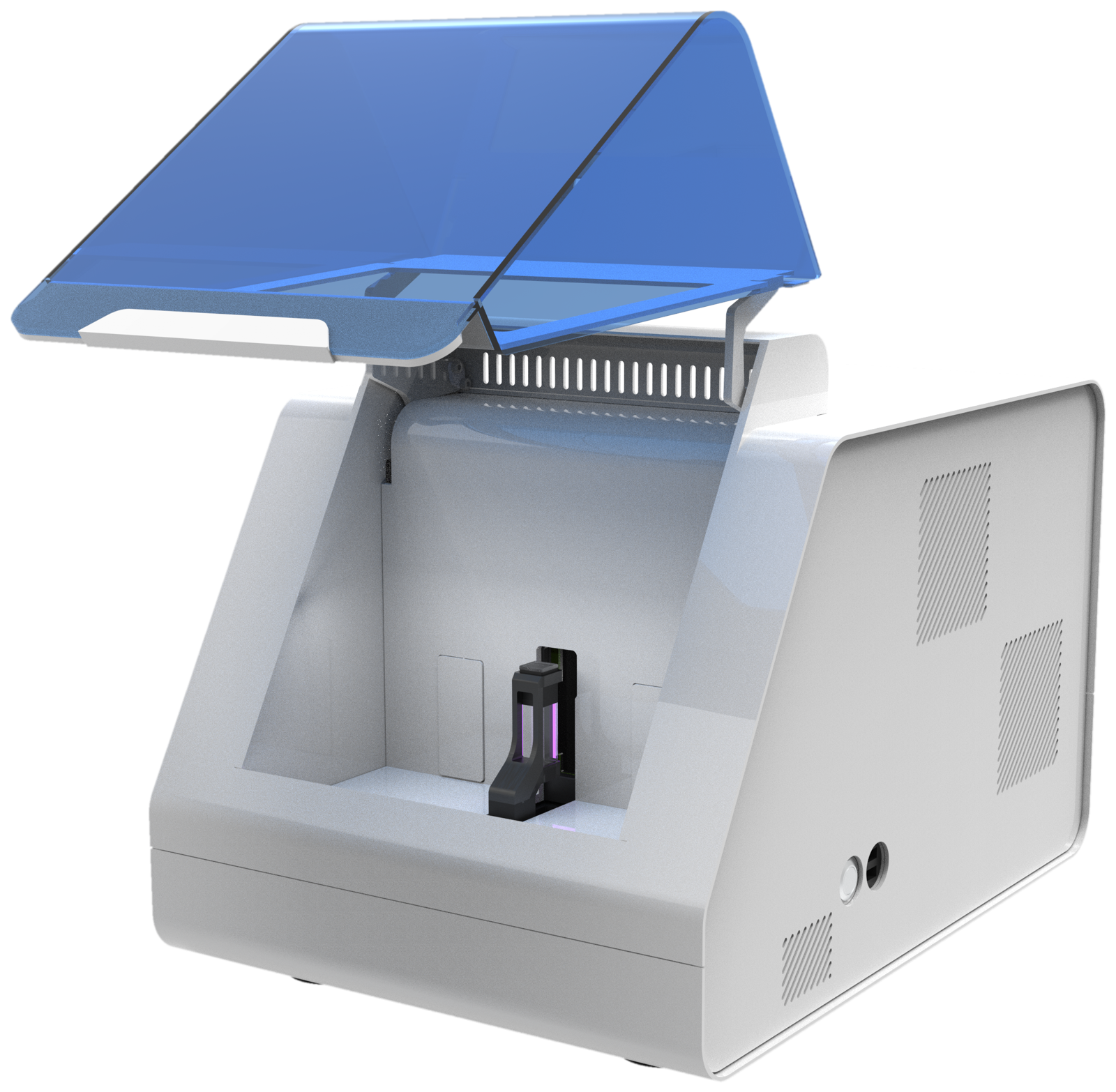 Xell with the lid open, showing the cuvette holder inside